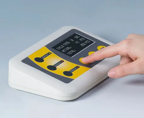 Evotec desktop enclosure with operating face inclined by 12°; a real asset when operating and reading