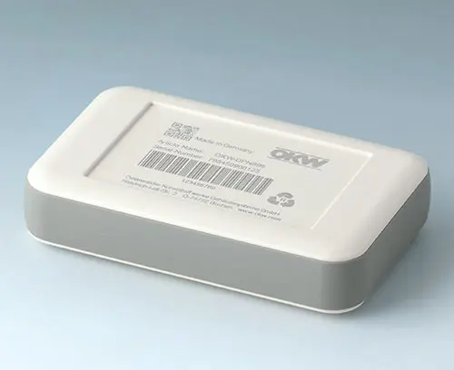 ABS (UL 94 HB) 材质的 SOFT-CASE 园边机盒, 灰白色、带激光打印图文